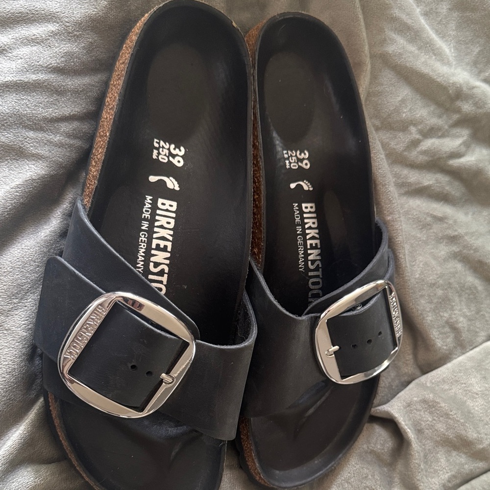 Birkenstock Black Slides with Metallic Buckle